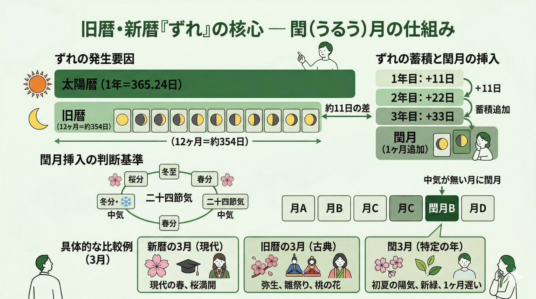 旧暦とは|新暦との違い・季節のずれ・閏月を古文向けに図表解説